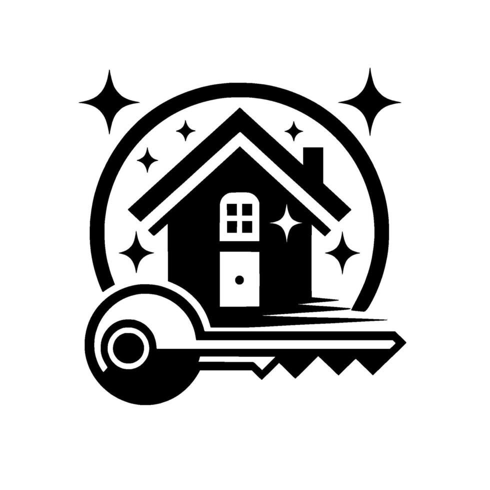 Black and white featuring a house with a key, inside a circle and starry sparkles, representing home ownership and real estate. vector