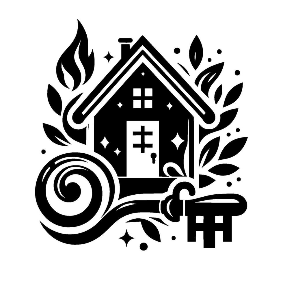 Black and White House Illustration with Key, Foliage, and Whimsical Swirls, Representing Home and Security. vector