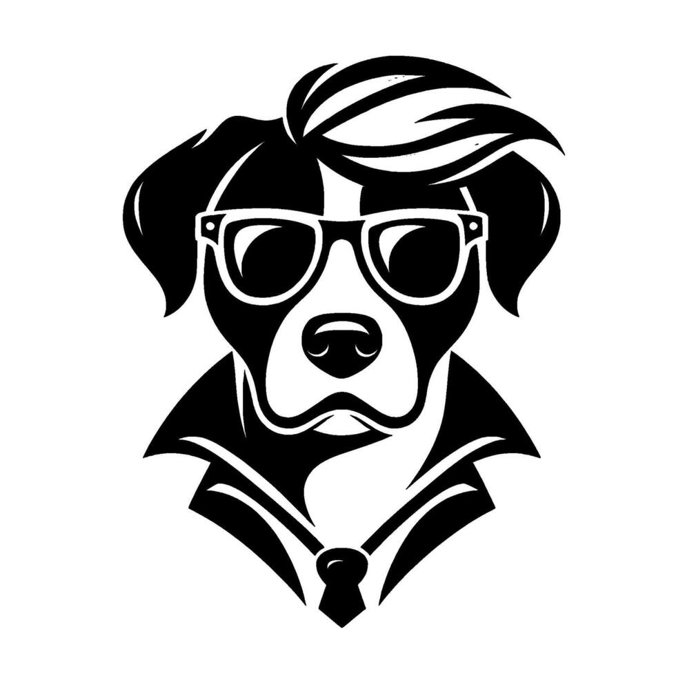 Stylish Black and White Dog Portrait A Hipster Canine with Sunglasses, Hairstyle, Coat, and Tie, a Illustration. vector