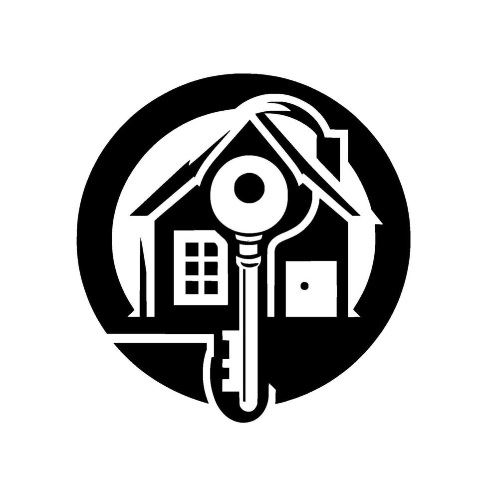 Monochrome Real Estate Symbol Key Home Silhouette Within a Black Circle, Clean, Minimalistic . vector