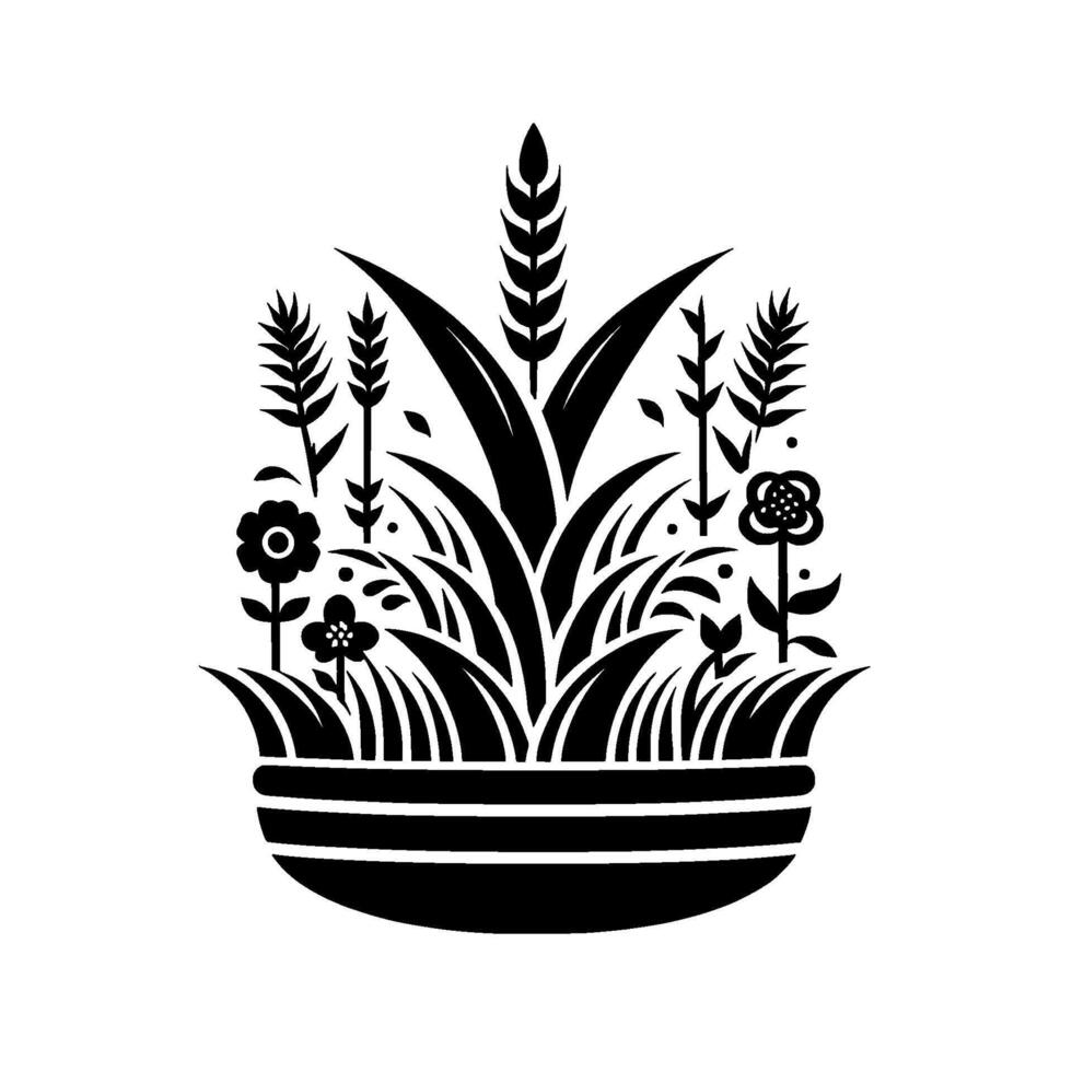 Elegant Black White Stylized Illustration of a Flourishing Garden in a Decorative Planter, Featuring Wheat, Flowers Foliage. vector