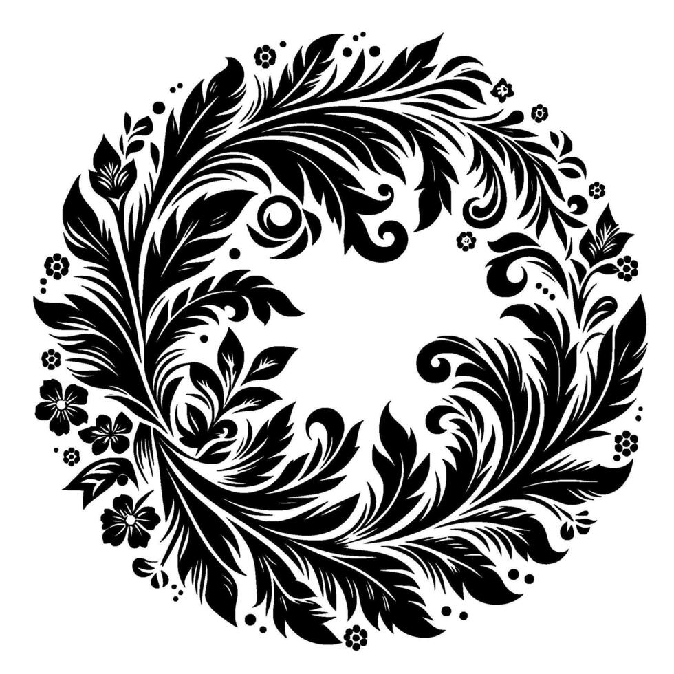 Circular Black Floral Wreath Illustration with Leaves, Flowers, and Ornate Scrollwork on White Background. vector