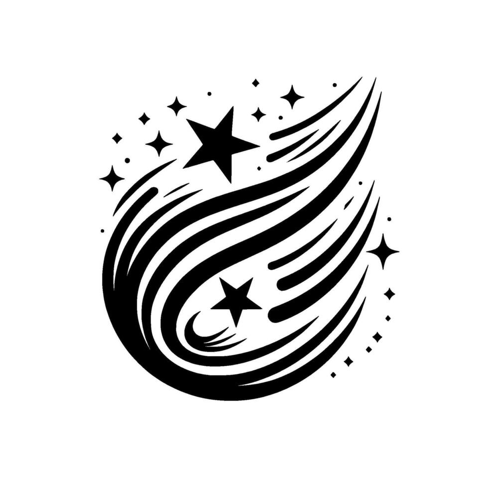 Black and White Swirling Comet Trail with Stars, Modern Minimalist Aesthetic. vector