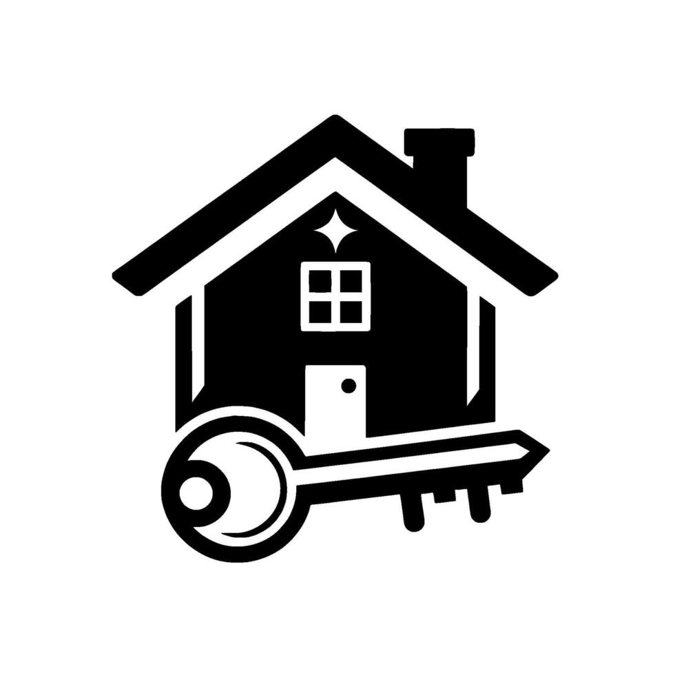 Black and White House with Key Real Estate and Homeownership Concept, Door, Window, Chimney, Bright Star, and Secure Access. vector