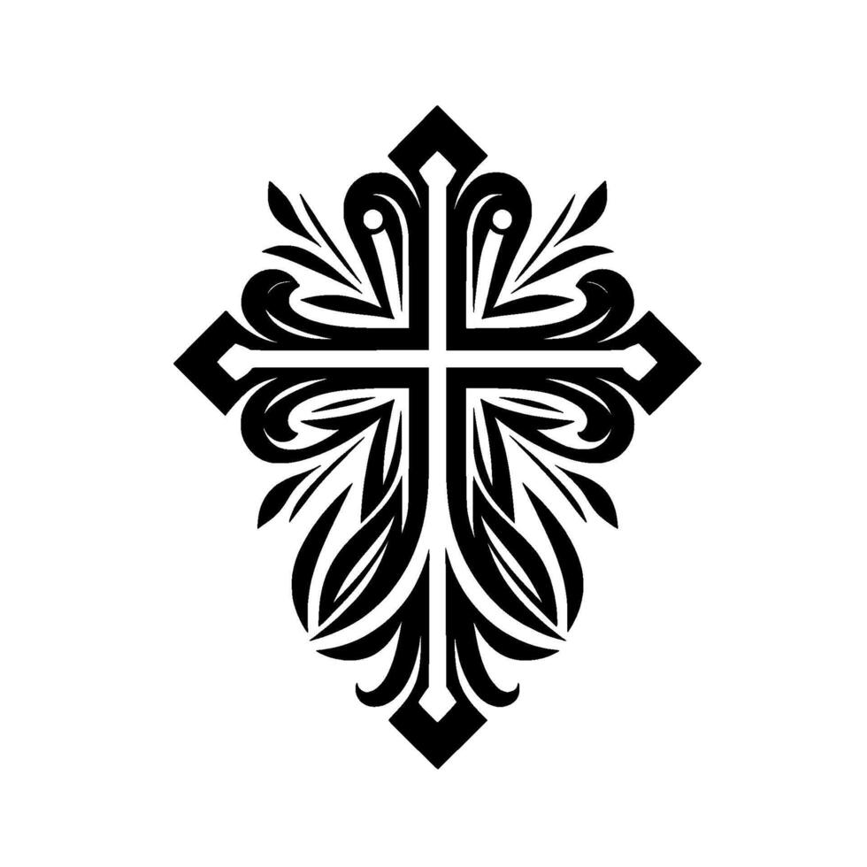 Intricate Black and White Floral Cross , Symmetrical, Decorative, and Elegant on White Background. vector