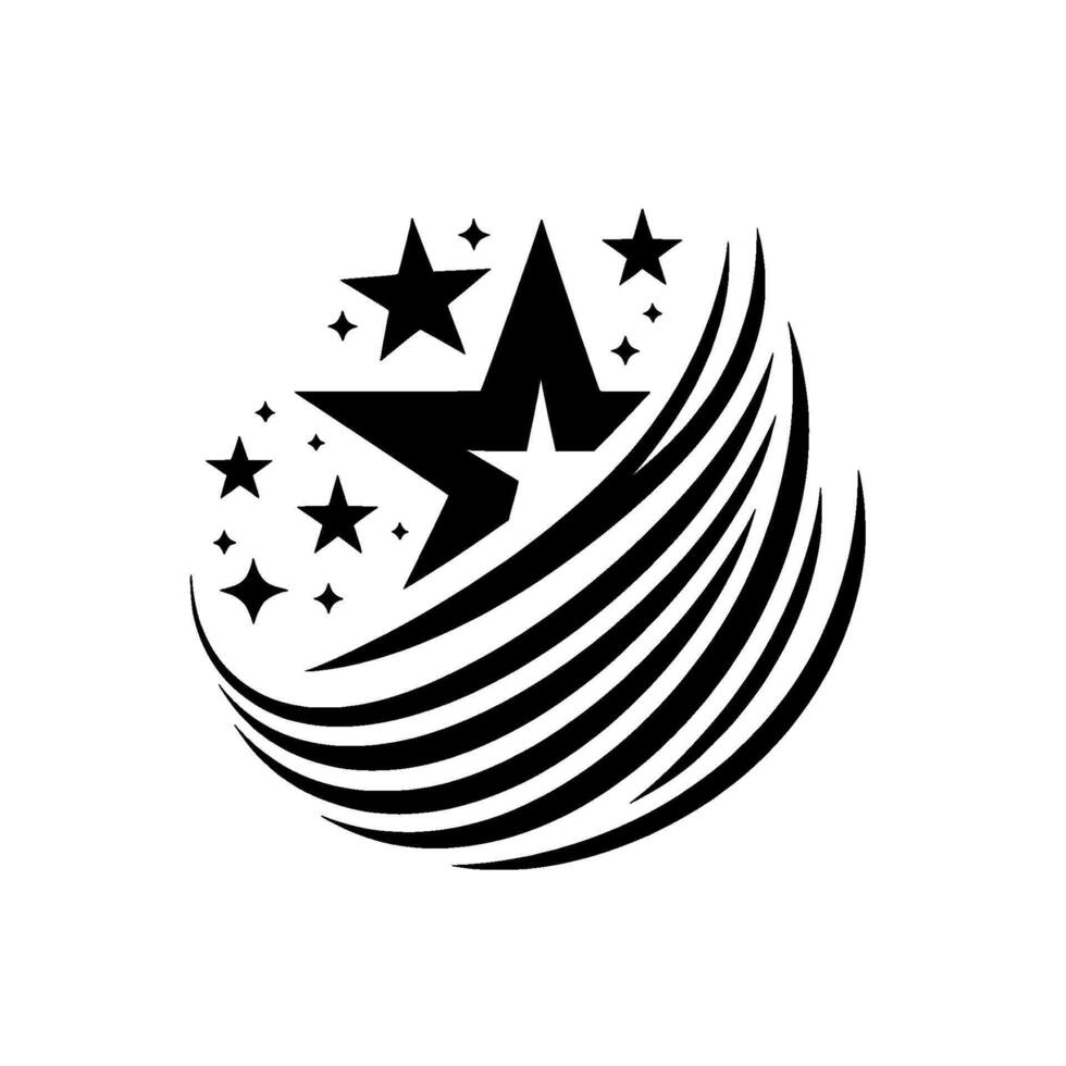 Modern, monochromatic featuring stylized star elements, a central Mshaped star, surrounding smaller stars, and a curved, flowing element. vector