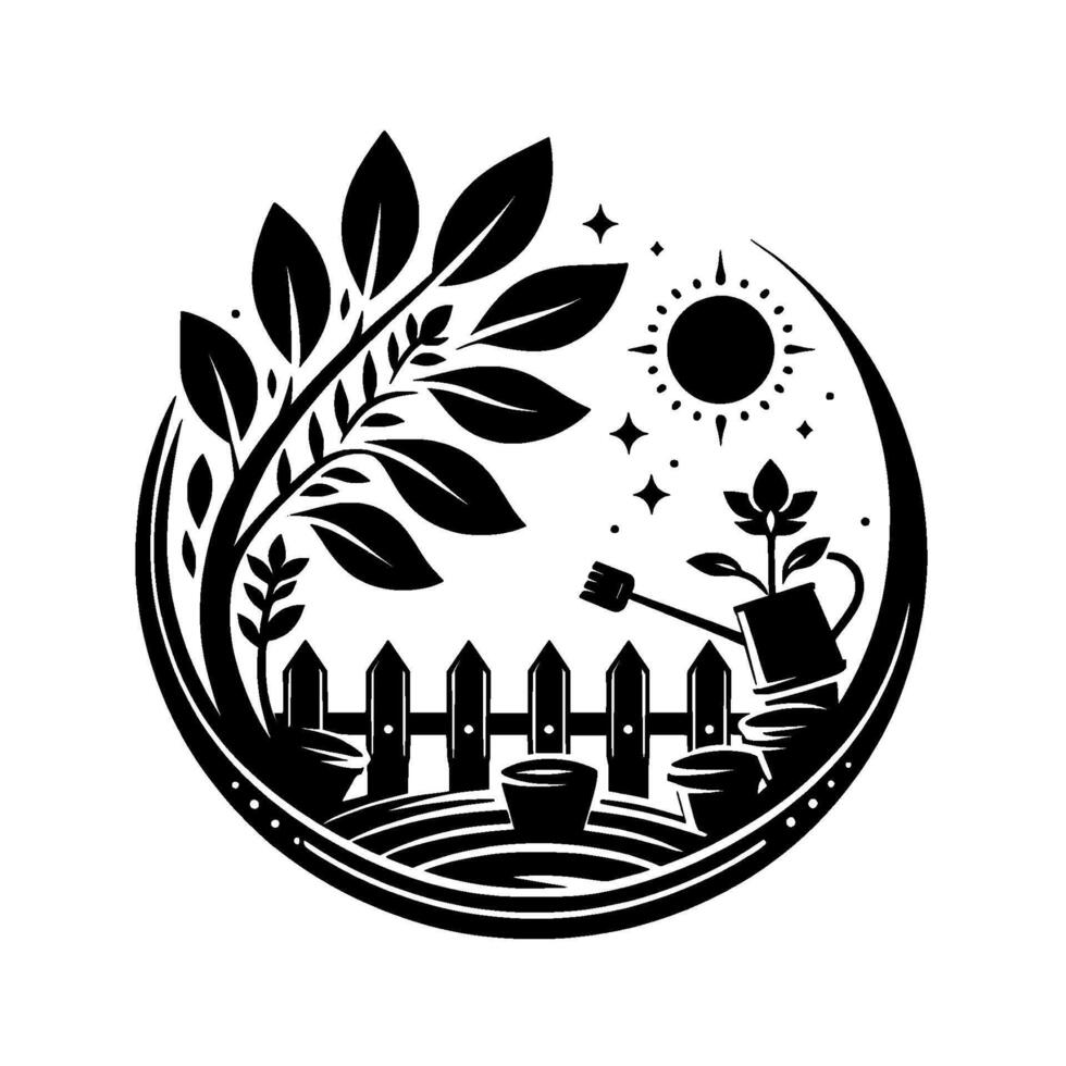Circular garden scene silhouette Lush tree, picket fence, watering can, potted plants, sun, stars, and garden tools, all in monochrome . vector