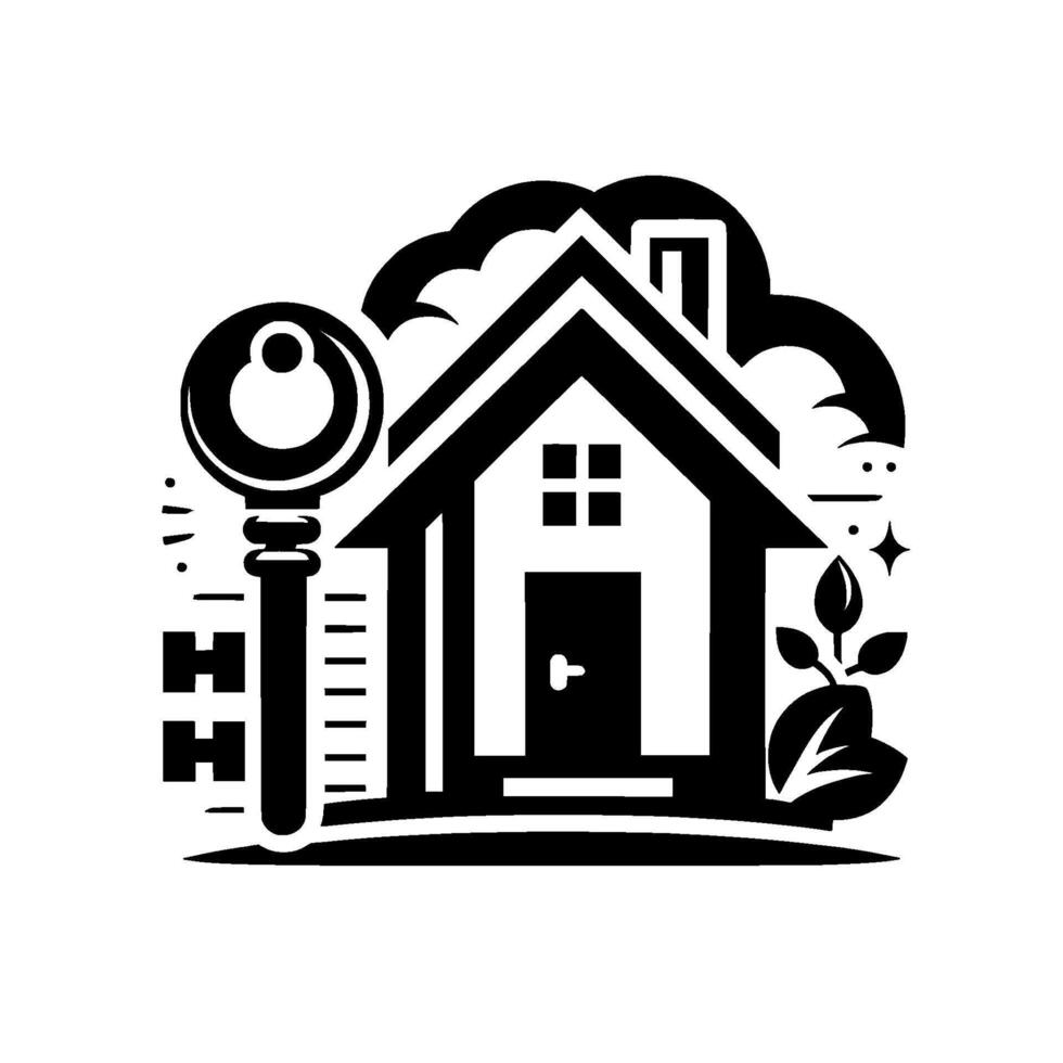 Monochromatic Illustration House with Key, cloud, a plant, and sparkle elements, representing homeownership and security. vector