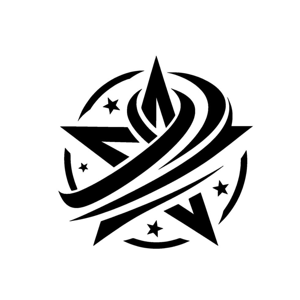 Black and White Abstract Emblem A stylized star within a circle, entwined with flowing lines and smaller stars, creating a modern, dynamic . vector