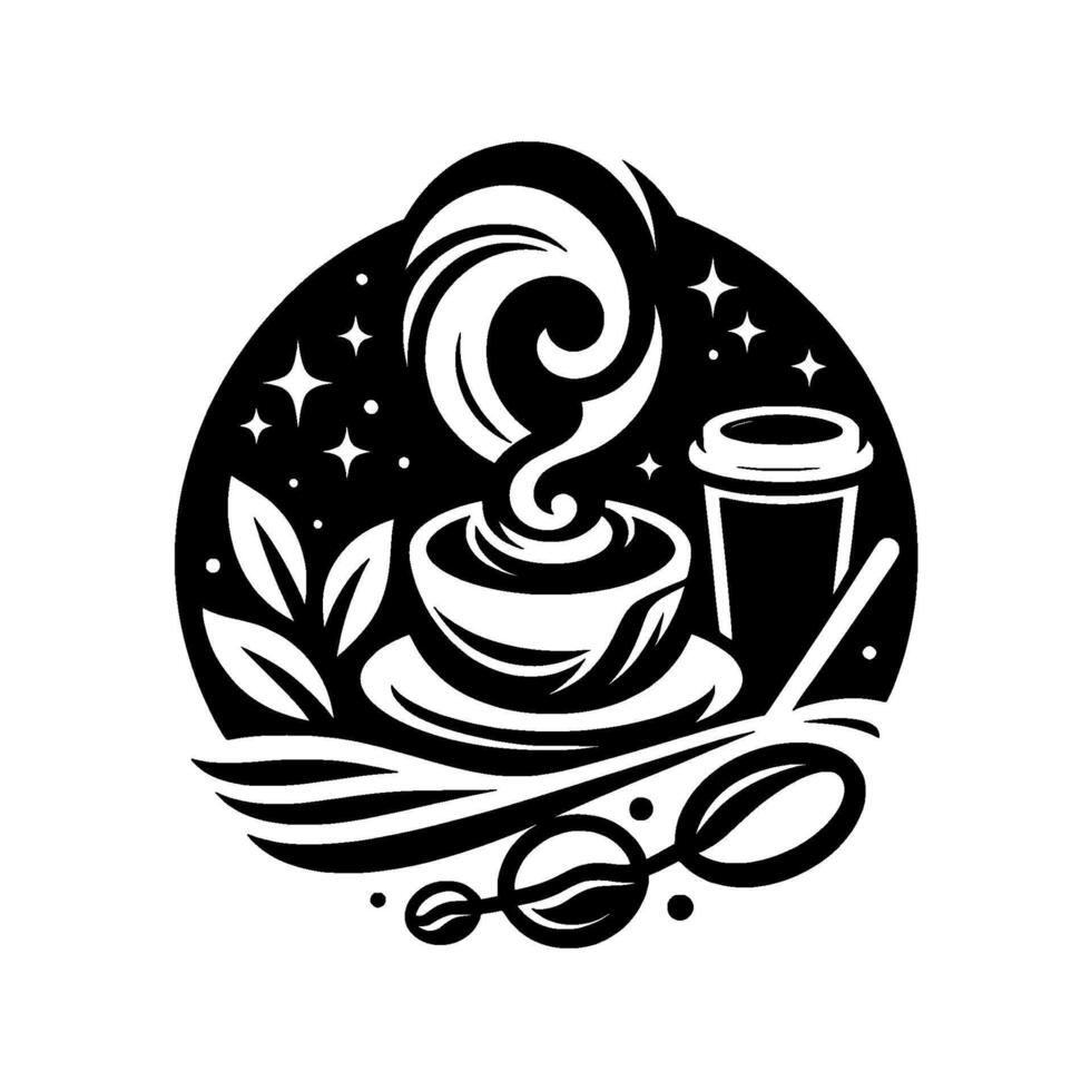Monochrome coffee illustration steaming cup, togo mug, coffee beans, stylized leaves, starry night oval composition. vector
