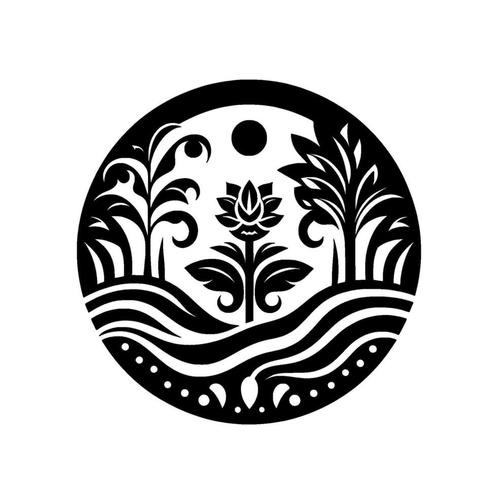 Ornate Black and White Circular Botanical Illustration Featuring Lotus, Plants, Trees, and Sun, Over Wavy Terrain. vector