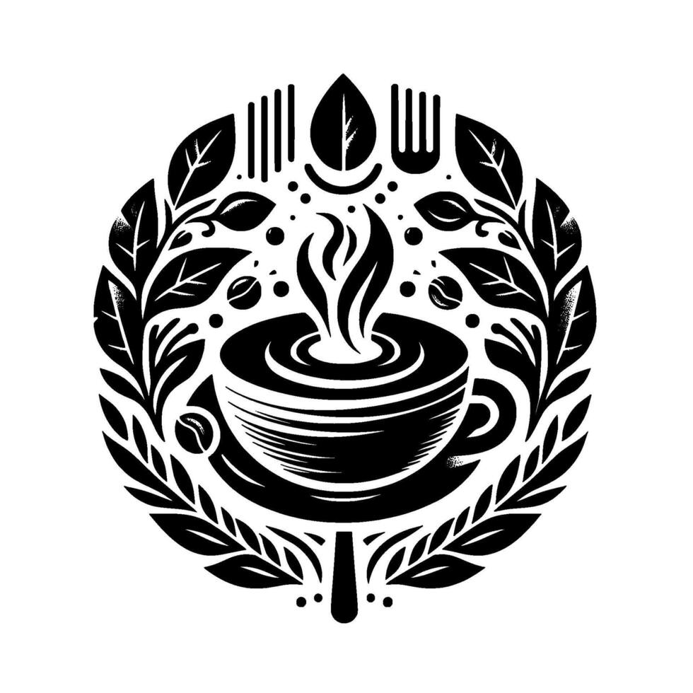 Monochromatic coffee emblem, stylized cup with steam surrounded by leaves, coffee beans, and ornate floral elements. vector