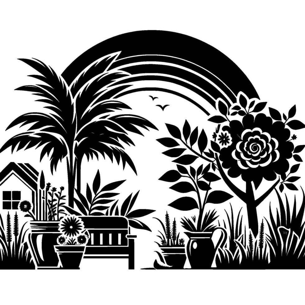 Black and white illustration a serene garden scene, featuring a house, bench, pots, plants, rainbow, and birds, evoking peaceful vibes. vector