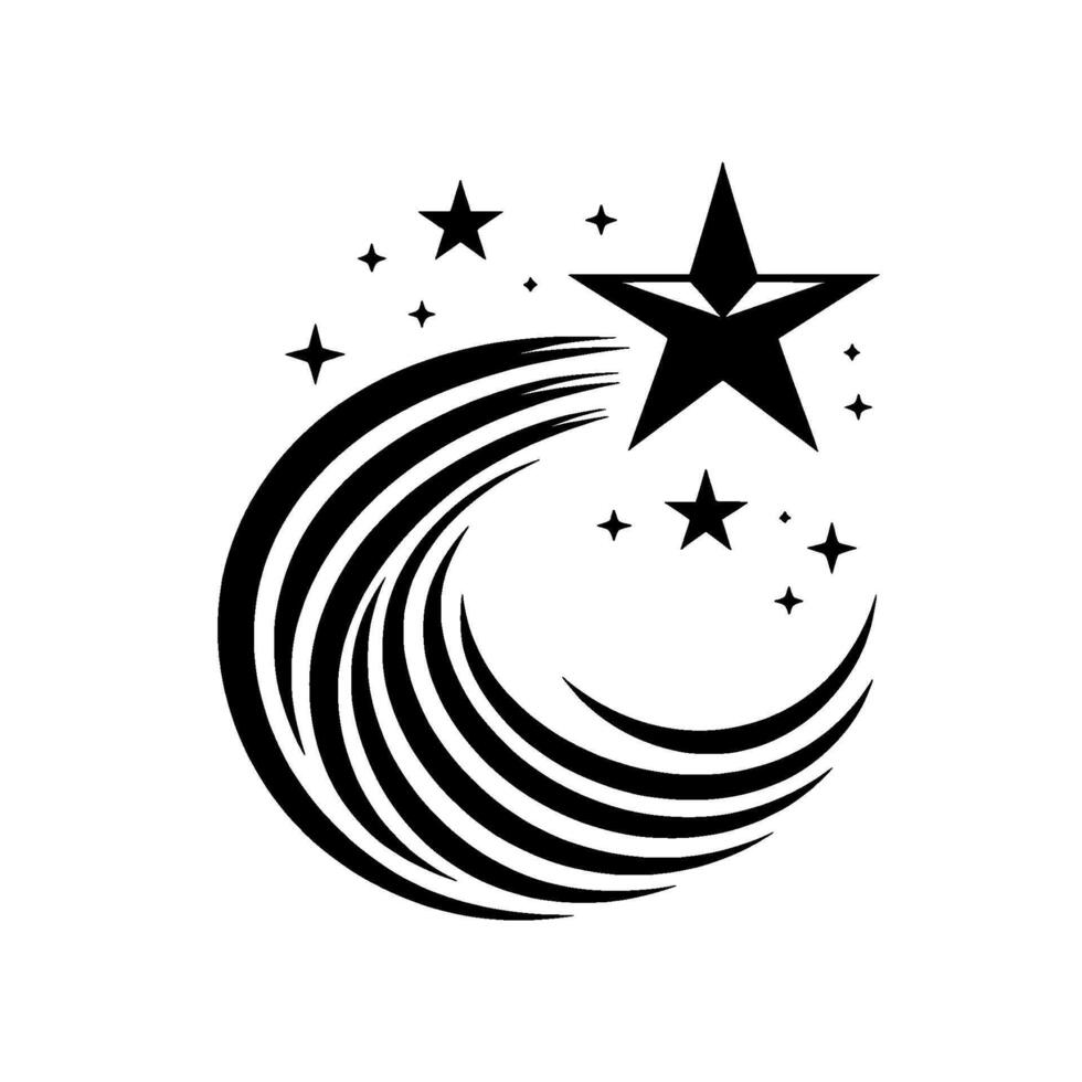 A stylized illustration of a black star emblem with a swooshlike, curved trail of stripes and surrounding star particles, all on a white background. vector
