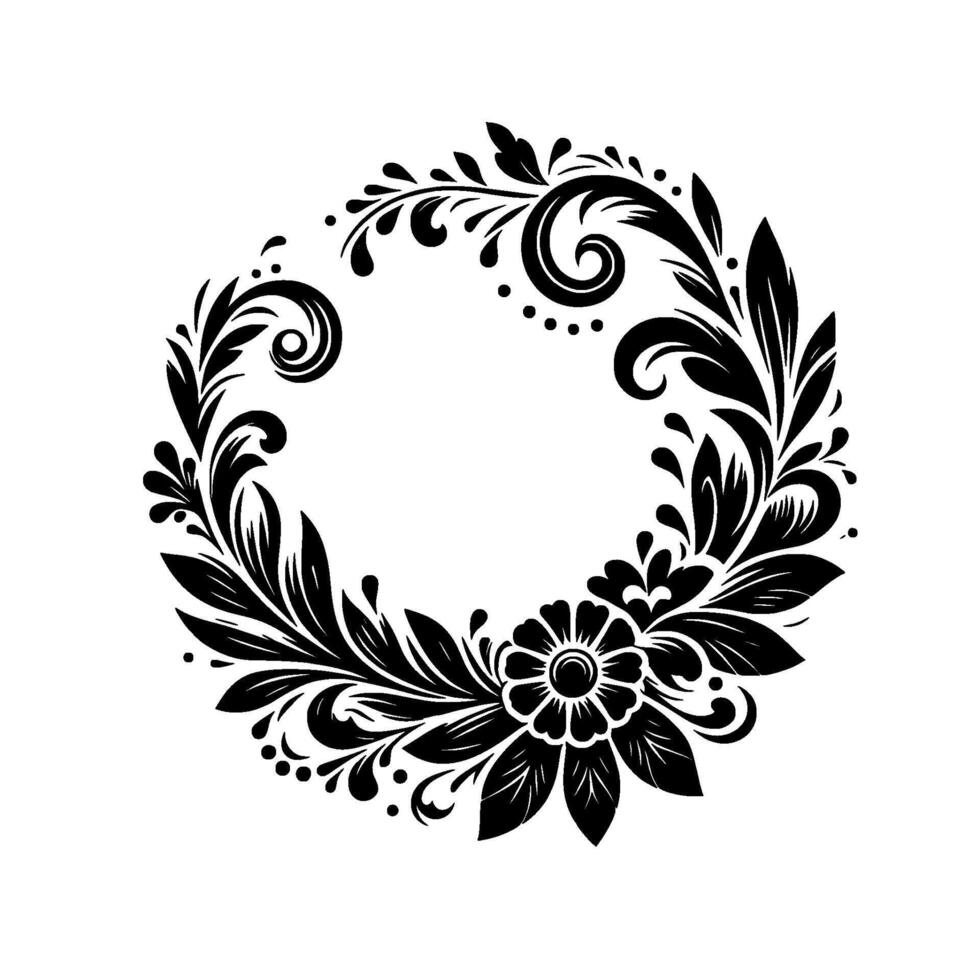 Intricate Black and White Circular Floral , Featuring a Central Flower, Leaves, Spirals, and Dot Accents, on a Clean White Background. vector