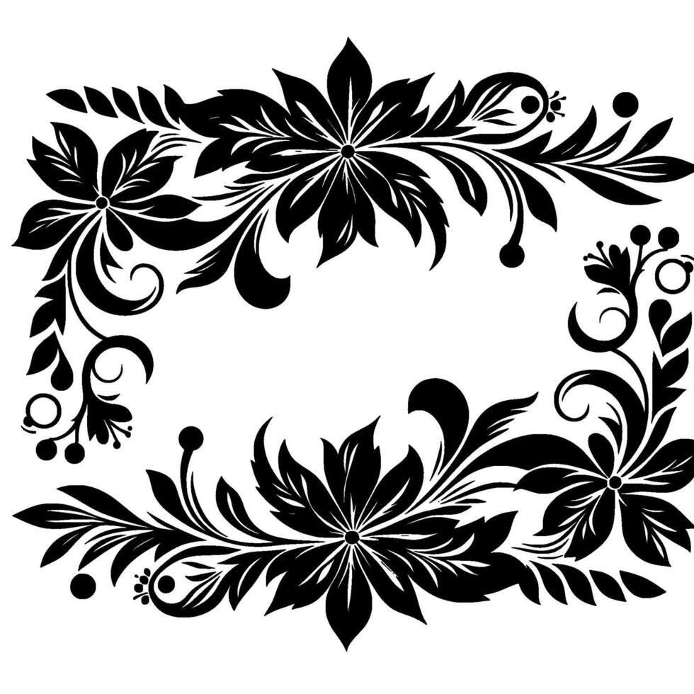 Intricate Floral Frame with Lush, Symmetrical Black Foliage and Blooming Flowers Against a Pristine White Backdrop. vector