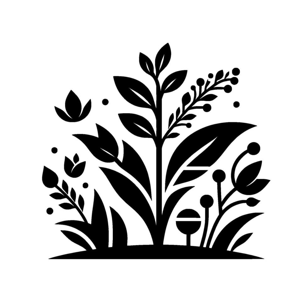 Stylized Black and White Floral Arrangement Minimalist, Geometric Botanical with Leaves, Flowers, and Berries. vector