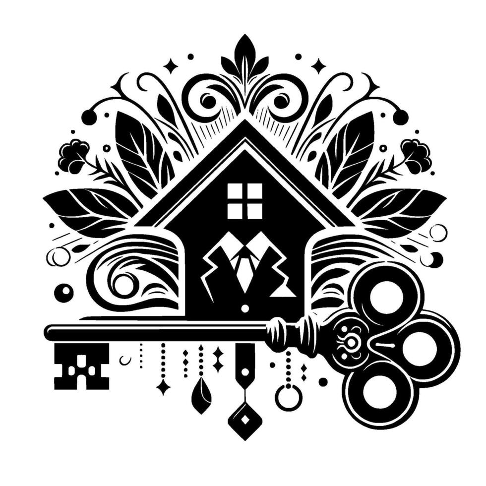 Intricate black and white illustration of a house with a suit, topped with floral patterns, symbolizing property key. vector