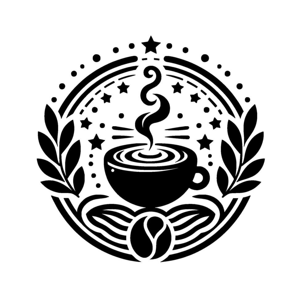 Elegant Black and White Coffee Steaming Cup, Stars, and Laurel Wreath Composition. vector