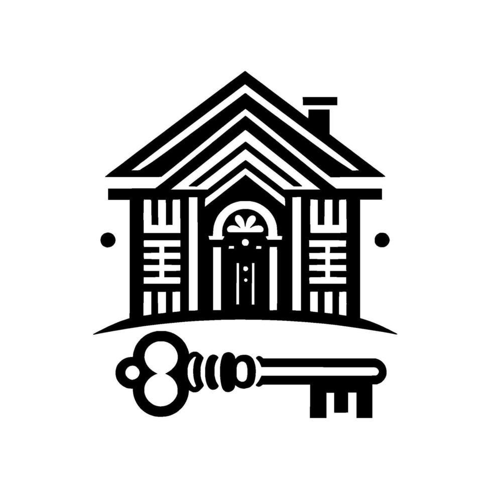 Modern Black and White House with Ornate Key, Representing Home Ownership and Security vector