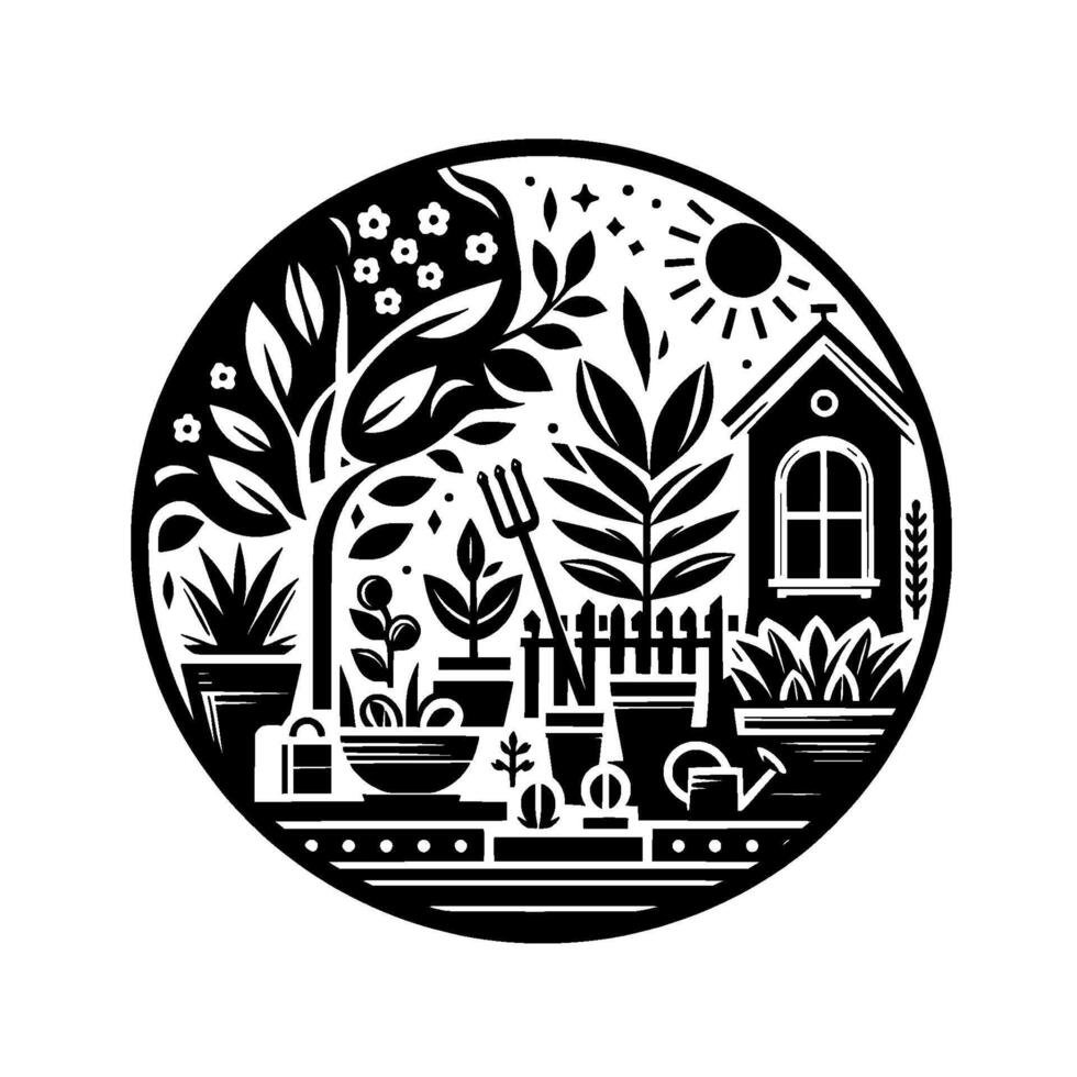 Black and white circular illustration of a lush garden scene with a small house, plants, tools, and a sunny sky, evoking a serene and tranquil atmosphere. vector