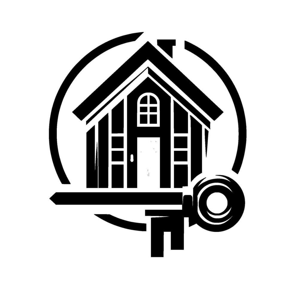 Black and white real estate featuring a stylized house with key, encircled, conveying property, purchase, and home ownership. vector