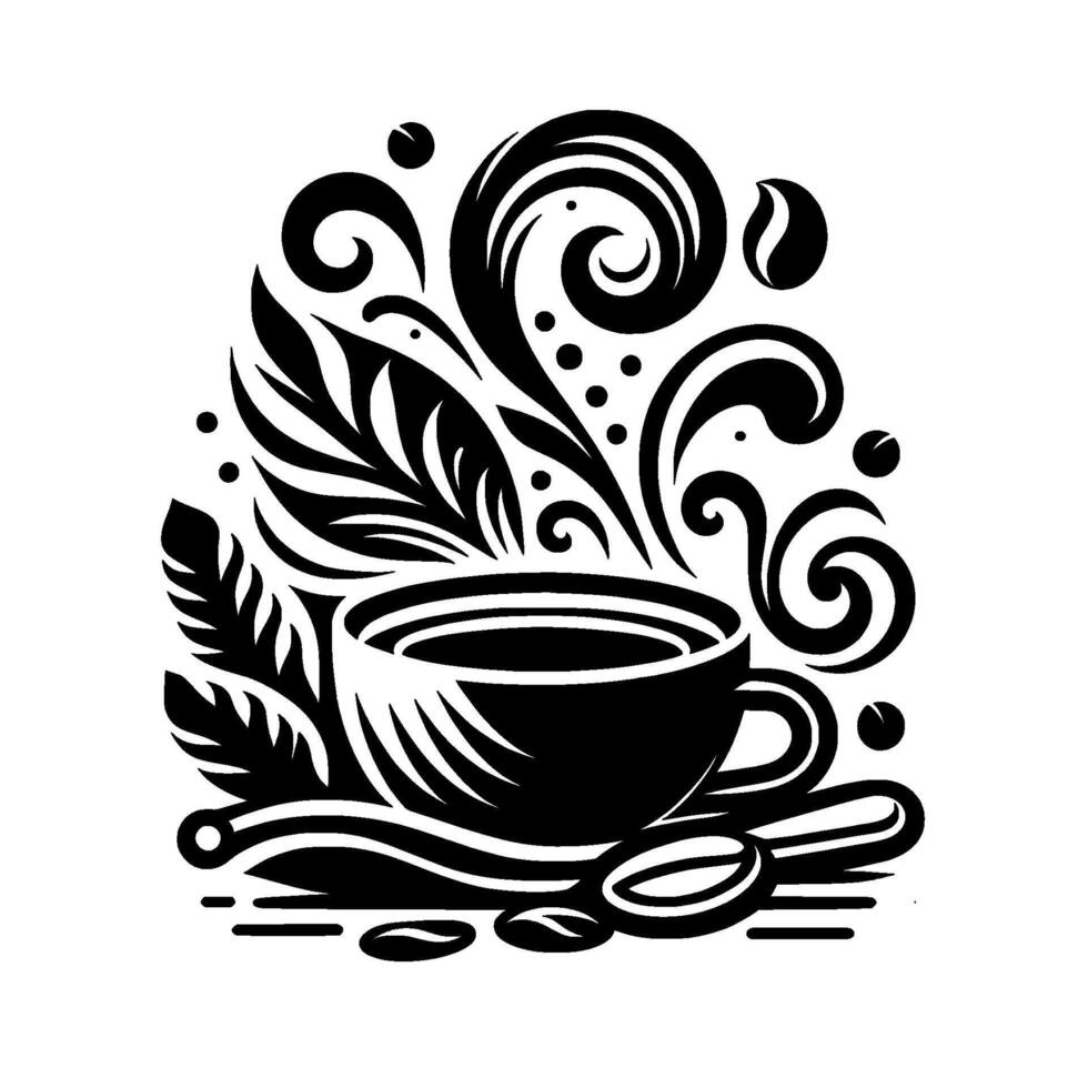 Ornamental Black and White Coffee Cup with Steam, Leaves, and Beans in a , Decorative Style. vector