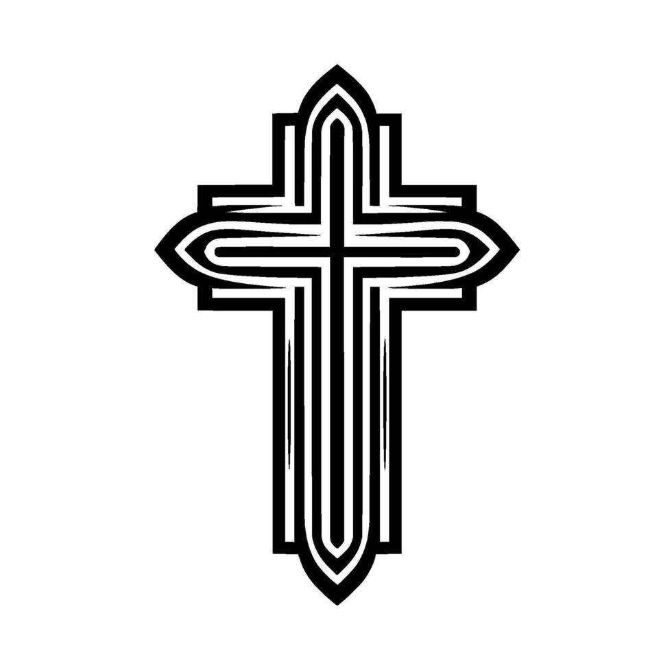 A stark, symmetrical Christian cross with elegant, layered black lines on a pristine white background minimalistic aesthetic. vector