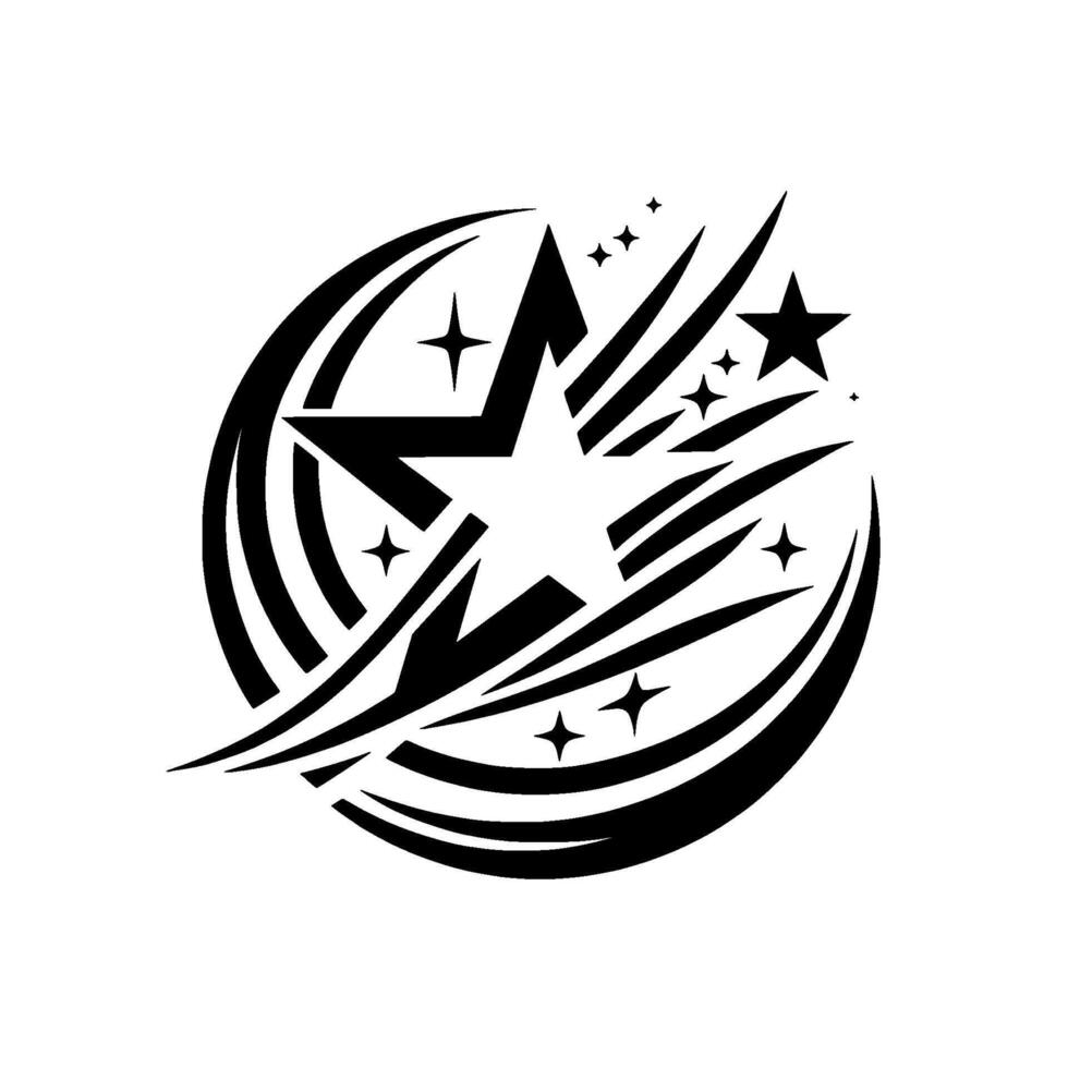 Starburst emblem in bold black and white, featuring a central star and a circle, and shooting stars , perfect for branding. vector