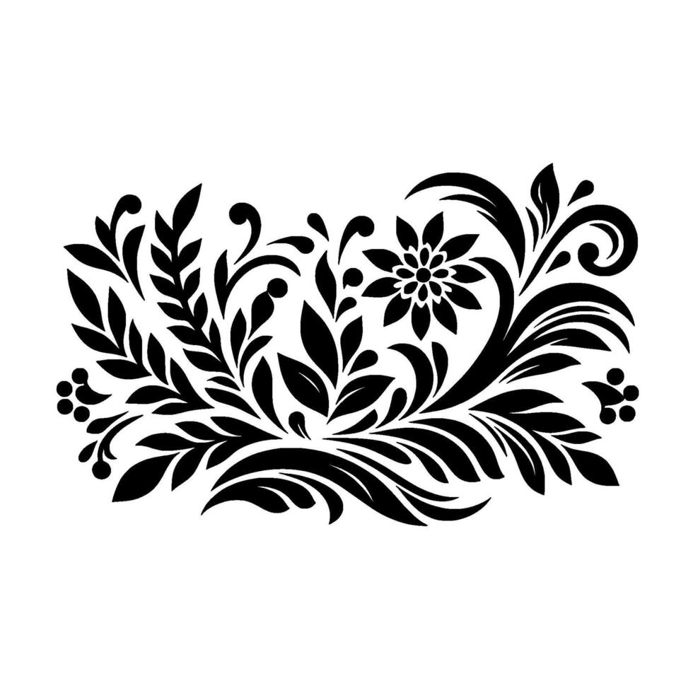 Black floral with swirling leaves, flower, and berries on a white background. vector