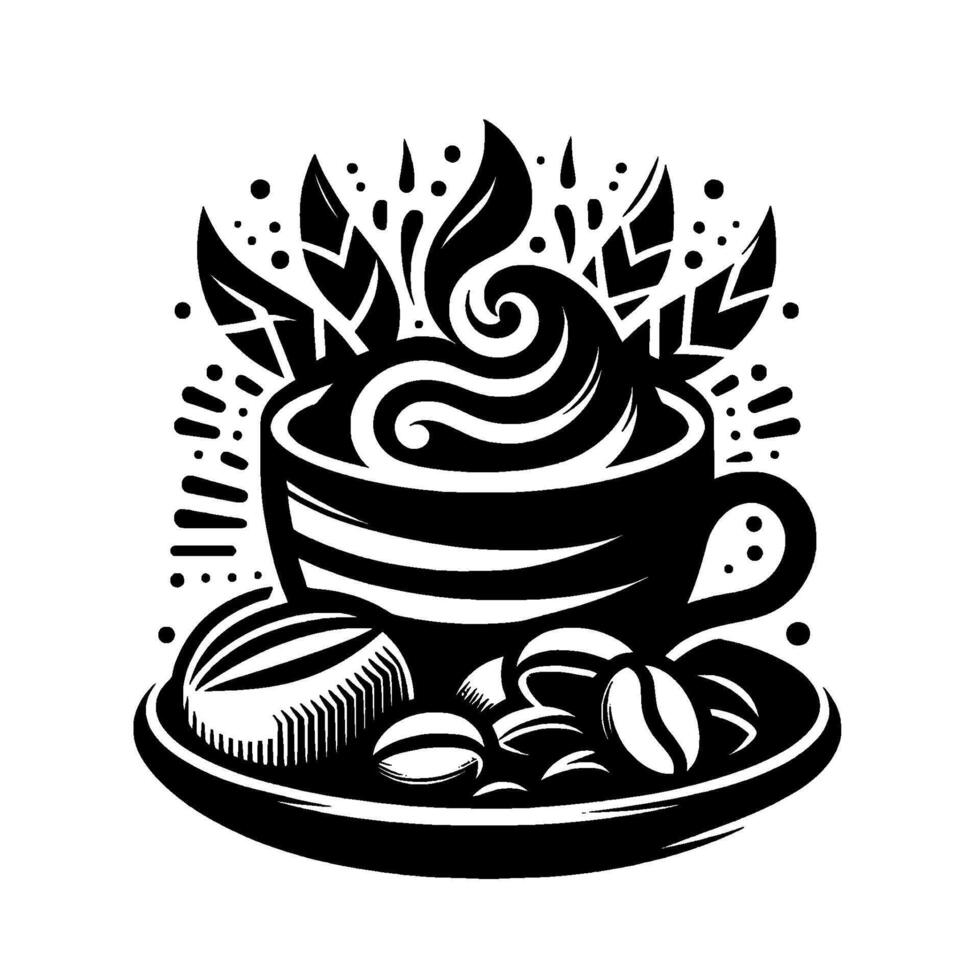 Stylized Black White Illustration of Coffee Cup with Swirled Cream, Biscuit, and Coffee Beans on a Saucer with Leafy Accents vector