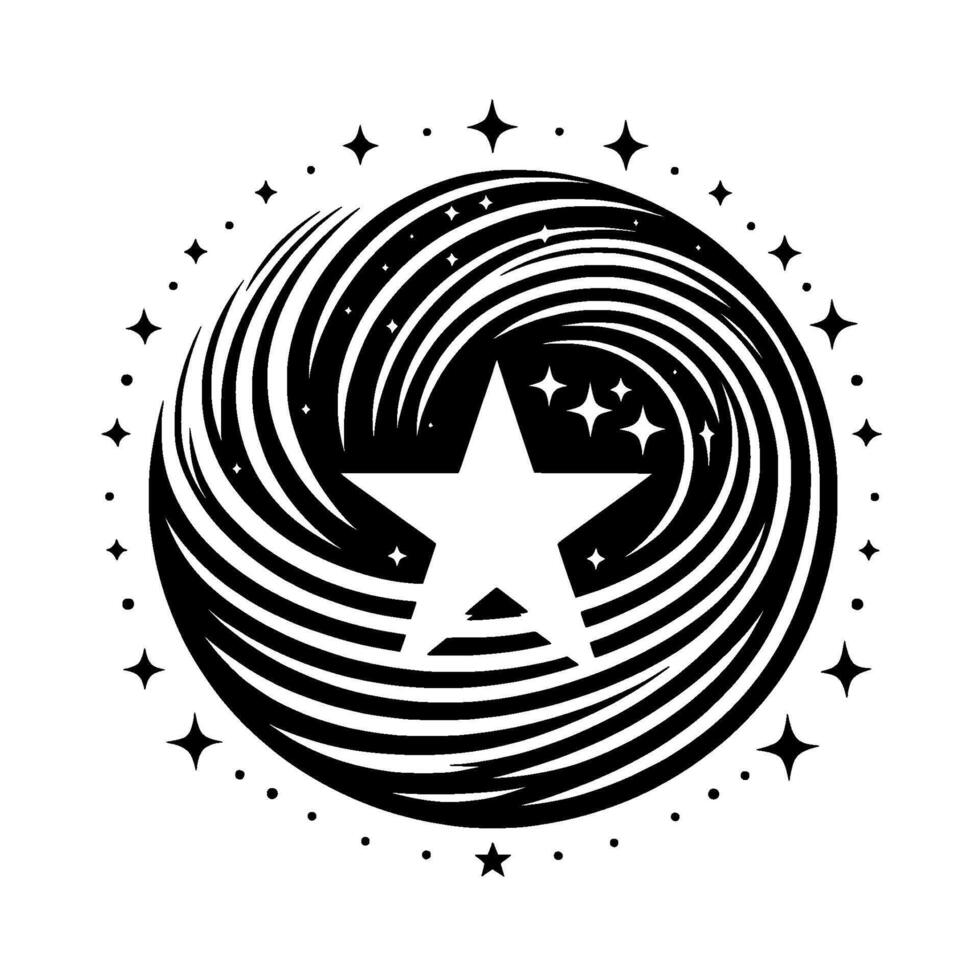 Celestial Vortex A Black and White Depicting a Spiraling Galaxy with a Central Star, Surrounded by a Ring of Stars. vector