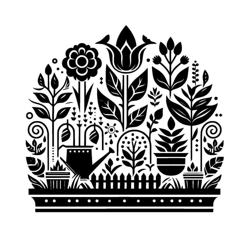 A symmetrical black and white illustration of a whimsical garden, featuring stylized flowers, plants, watering can, and fence within an arched composition. vector