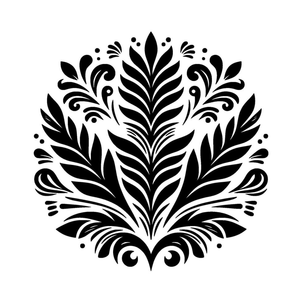 Symmetrical black and white floral featuring stylized leaves and curves within a circular composition, evokes classic elegance. vector