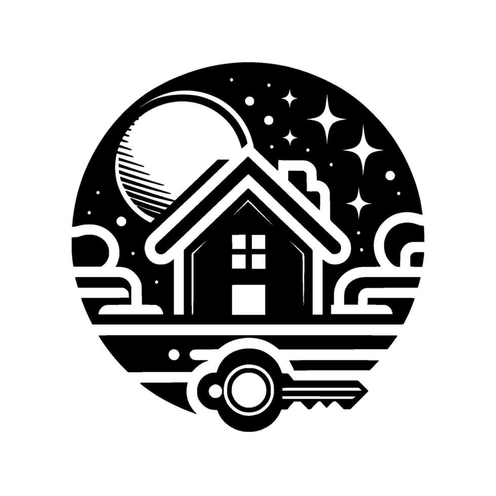 Stylized Black White Home at Night with Moon, Stars, Clouds, and a Key Symbol, representing new beginnings or home ownership. vector