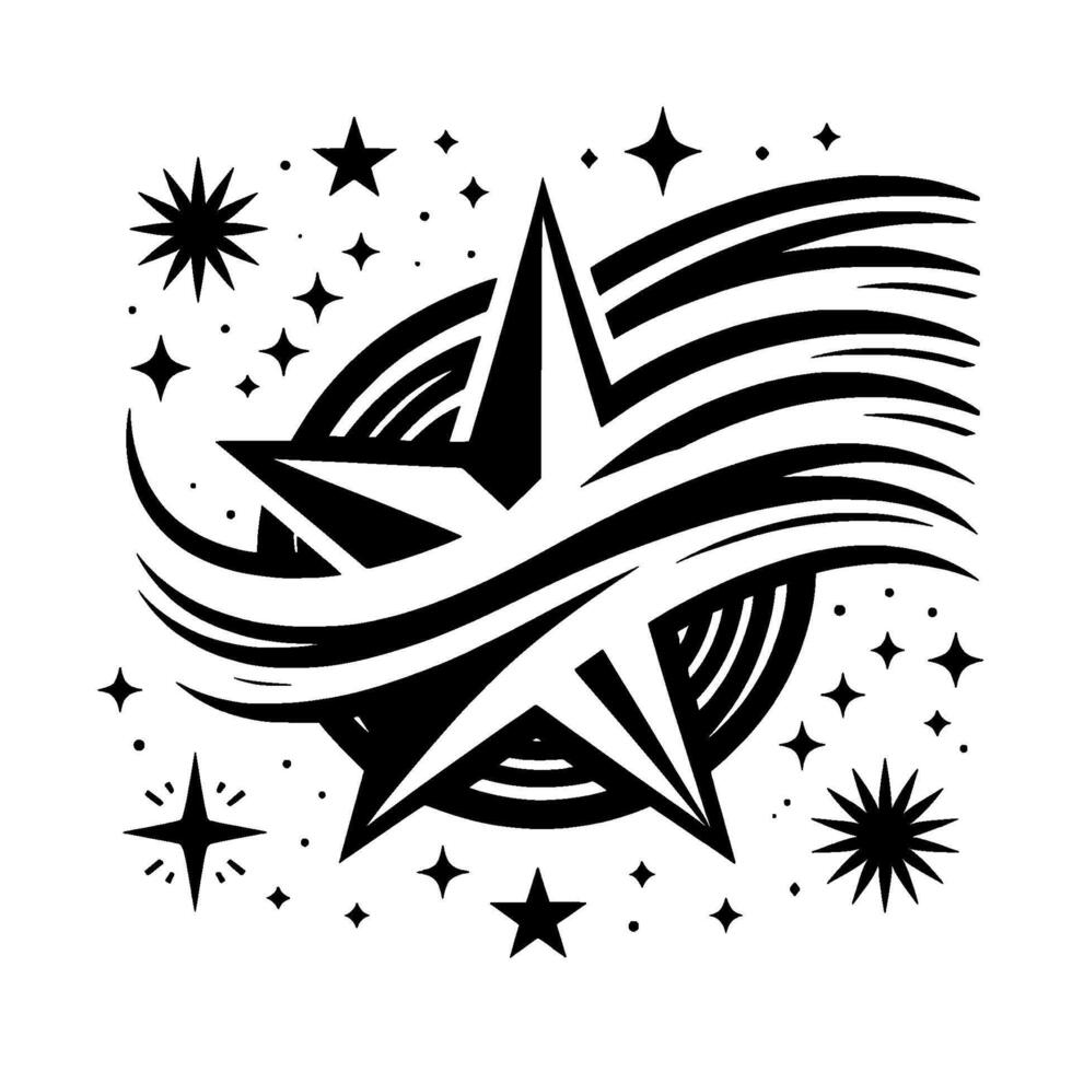 illustration of a stylized star with starbursts, shooting comet trails, and other stars against a white background. vector