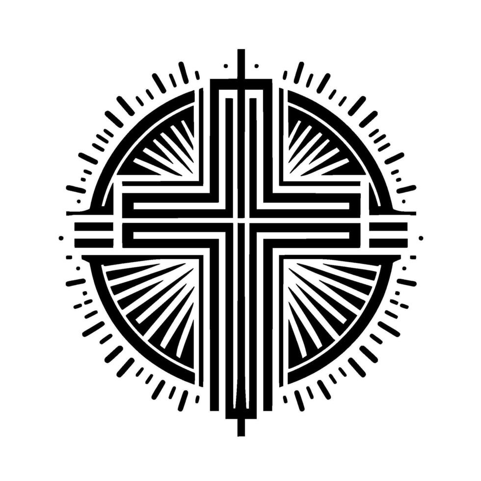 Geometric Black and White Circular featuring a Cross, Radiating Lines, and Symmetrical Elements for a Modern Aesthetic. vector