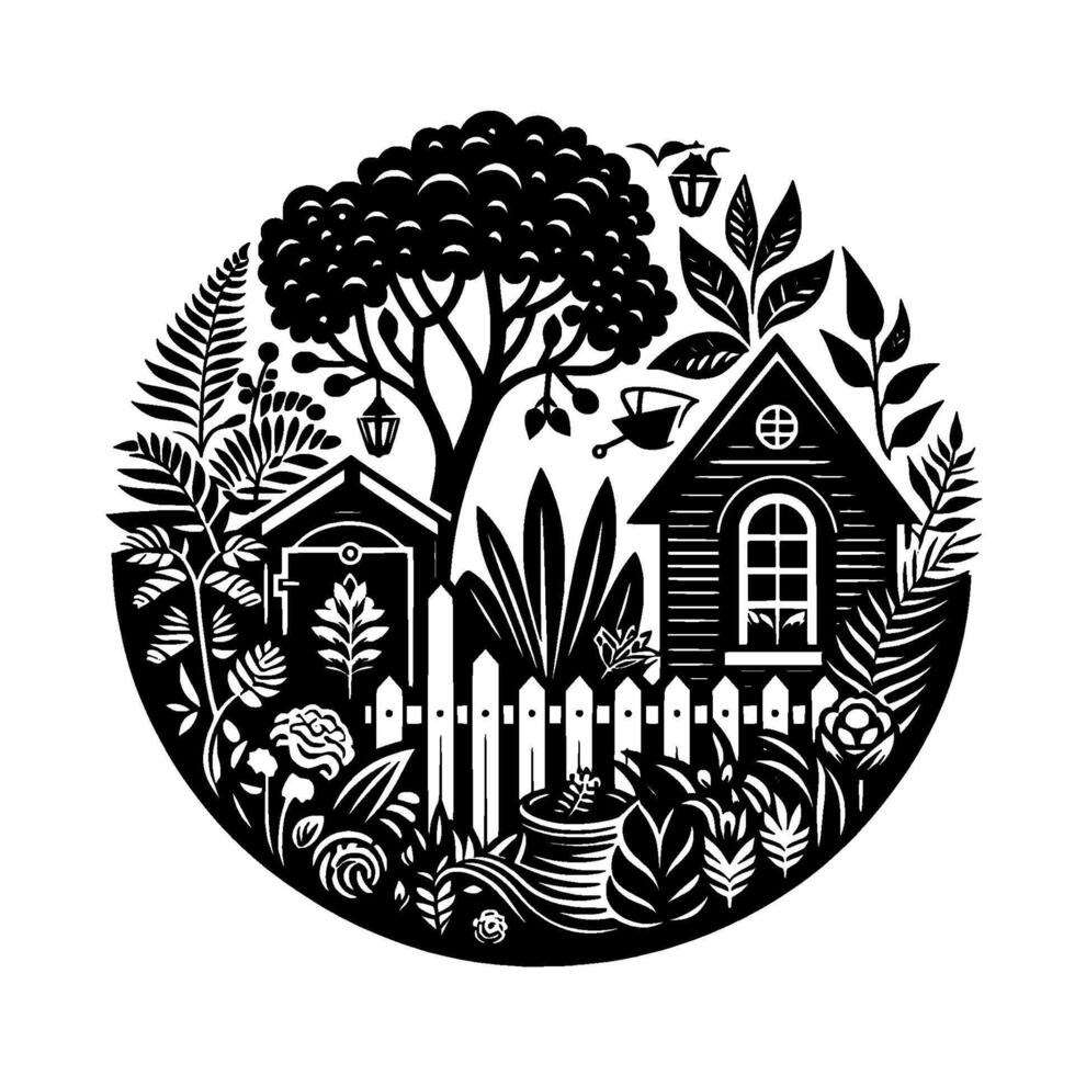 Monochromatic Circular Garden Scene House, Shed, Fence, Tree, Foliage, and Gardening Elements in a Black and White . vector