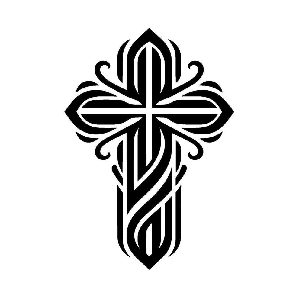 Intricate Black and White Ornamental Cross with GothicInspired Flourishes on a Clean White Background vector