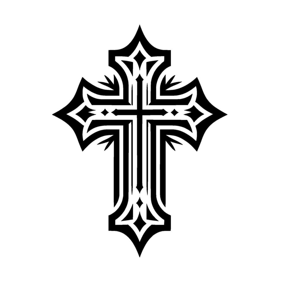 Ornate Black White Cross on White Background, Geometric Symmetry Religious Symbolism. vector