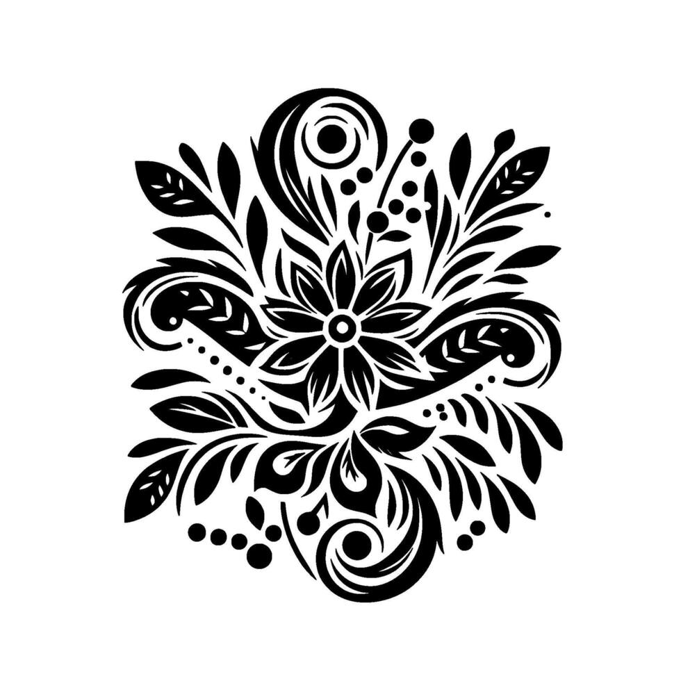 Symmetrical Black Floral on White Backdrop Featuring a Central Flower, Leaves, and Swirls for Decorative Purposes vector