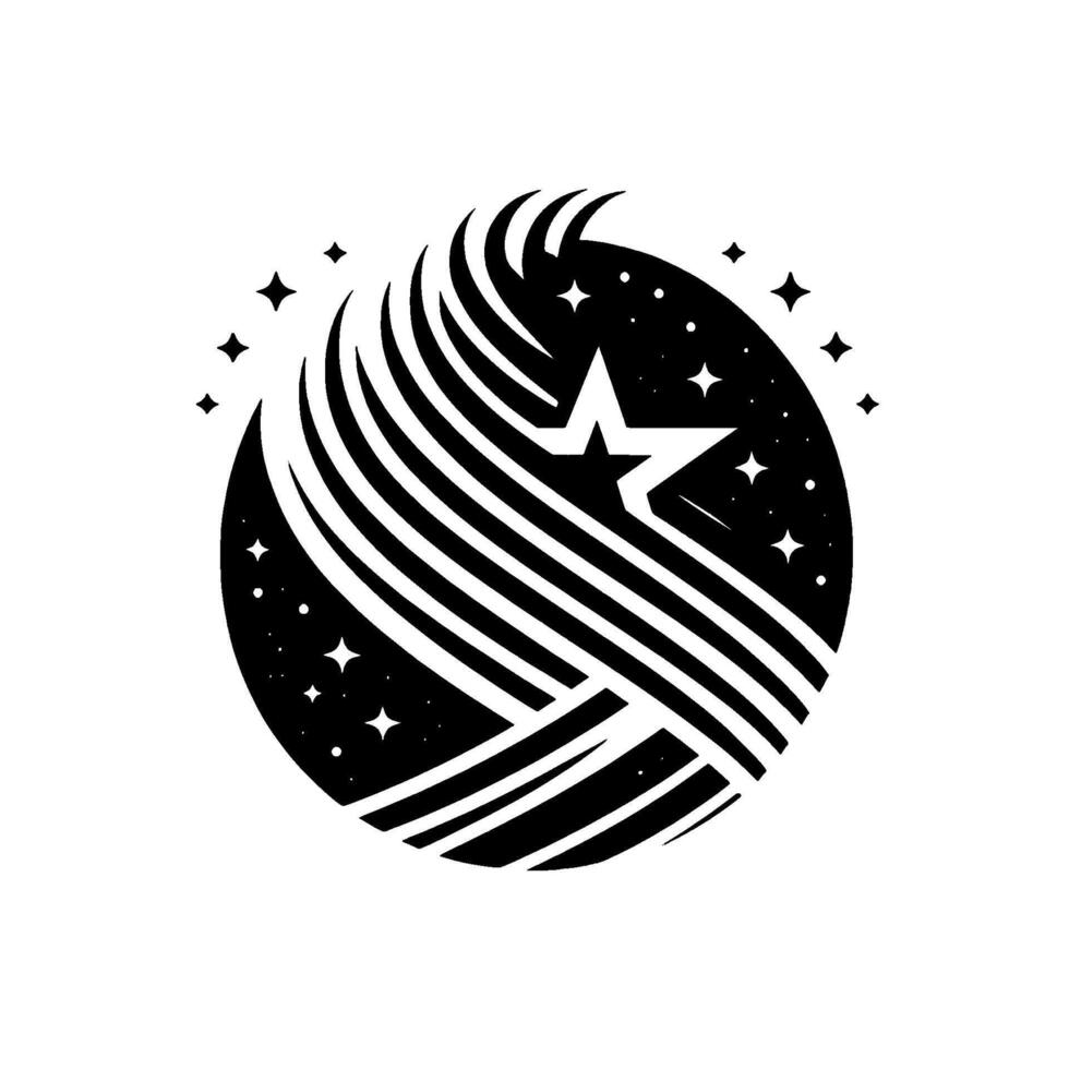 Stylized Black and White Illustration of a Celestial Sphere with a Star in the Center, Surrounded by Star Trails and Sparkling Stars. vector