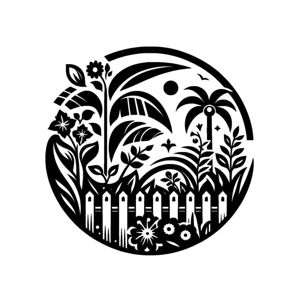 A stylized, blackandwhite circular garden scene featuring diverse plants, a fence, sun, palm tree, and bird against a white backdrop. vector