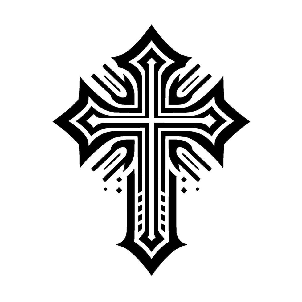 Black and white ornate Christian cross , symmetrical, stylized, isolated, with sharp angles, intricate patterns and embellishments, on a white background. vector