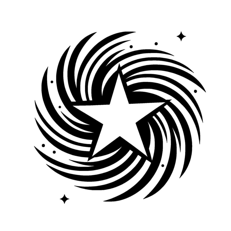 A minimalist black and white illustration of a white star enclosed within a spiral vortex, with sparse stars. vector