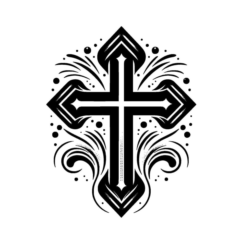 Ornate Black Cross on White Background A Detailed Illustration with Floral Accents and Intricate Border, Expressing Faith and Spirituality. vector