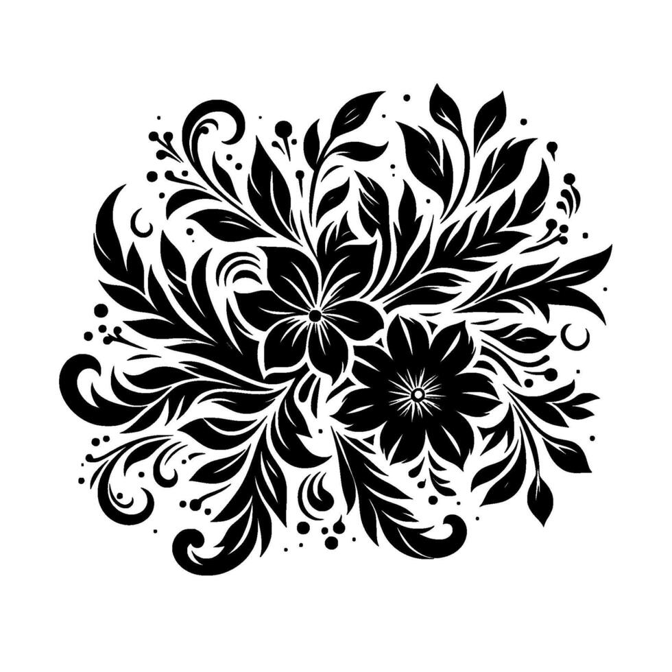 Intricate Black and White Floral Illustration A Detailed, Symmetrical with Flowers, Leaves, Swirls, and Dots, Centered on a White Background. vector