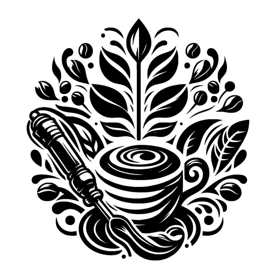 Elegant black and white illustration of coffee cup, beans, brush and foliage, in a circular , perfect for cafe branding. vector