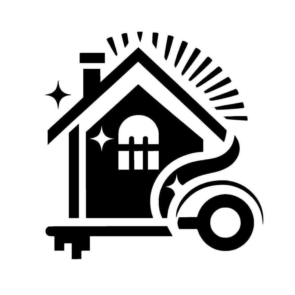 Modern Black and White Real Estate House, Key, and Burst of Light, Illustrating Homeownership. vector
