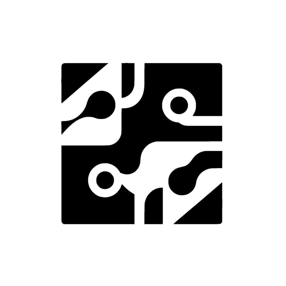 Abstract geometric black and white square with interconnected shapes and rounded elements, reminiscent of circuit boards, tech art. vector